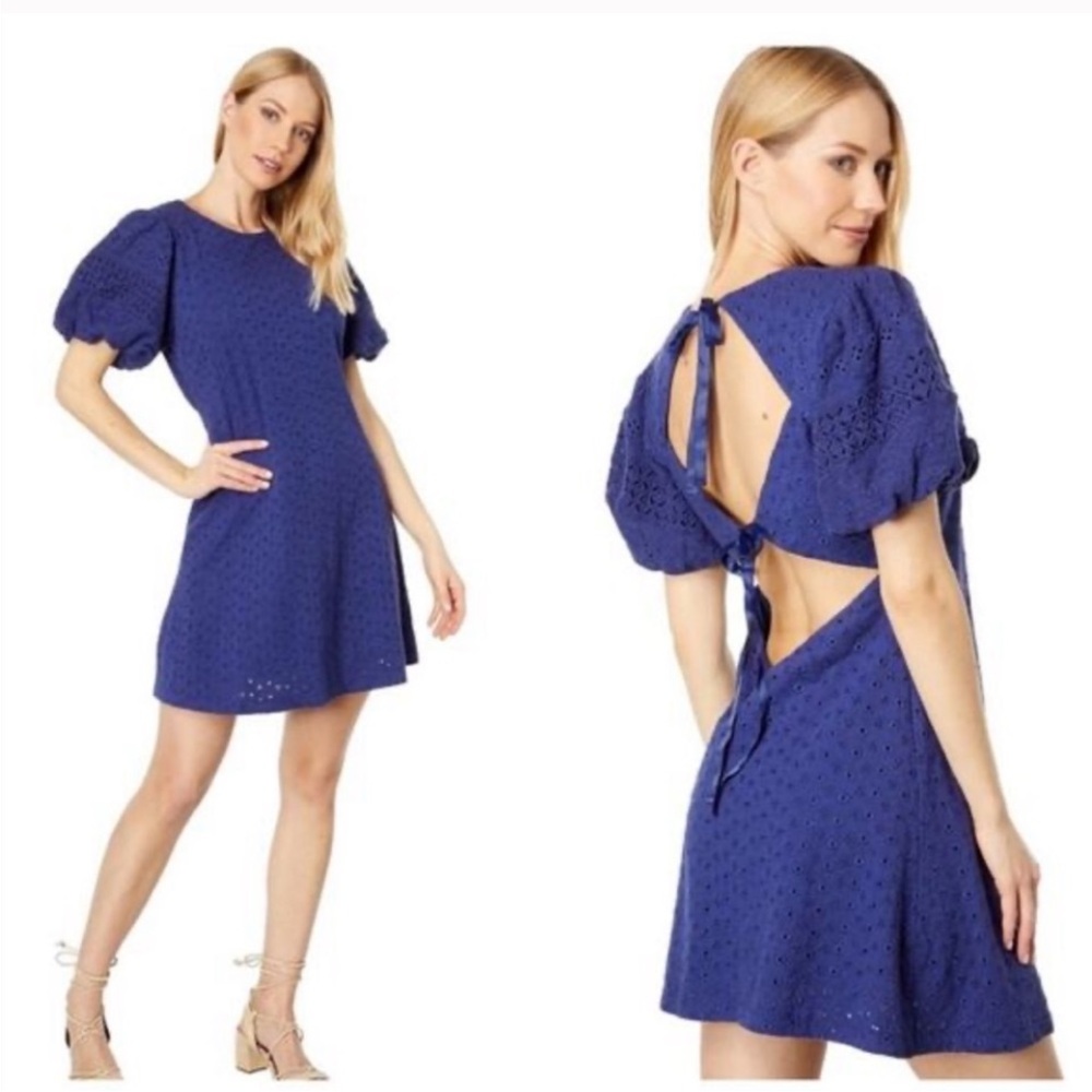 Free People Eyelet Blue Puff Sleeve Mini Dress, Size XS, NWT